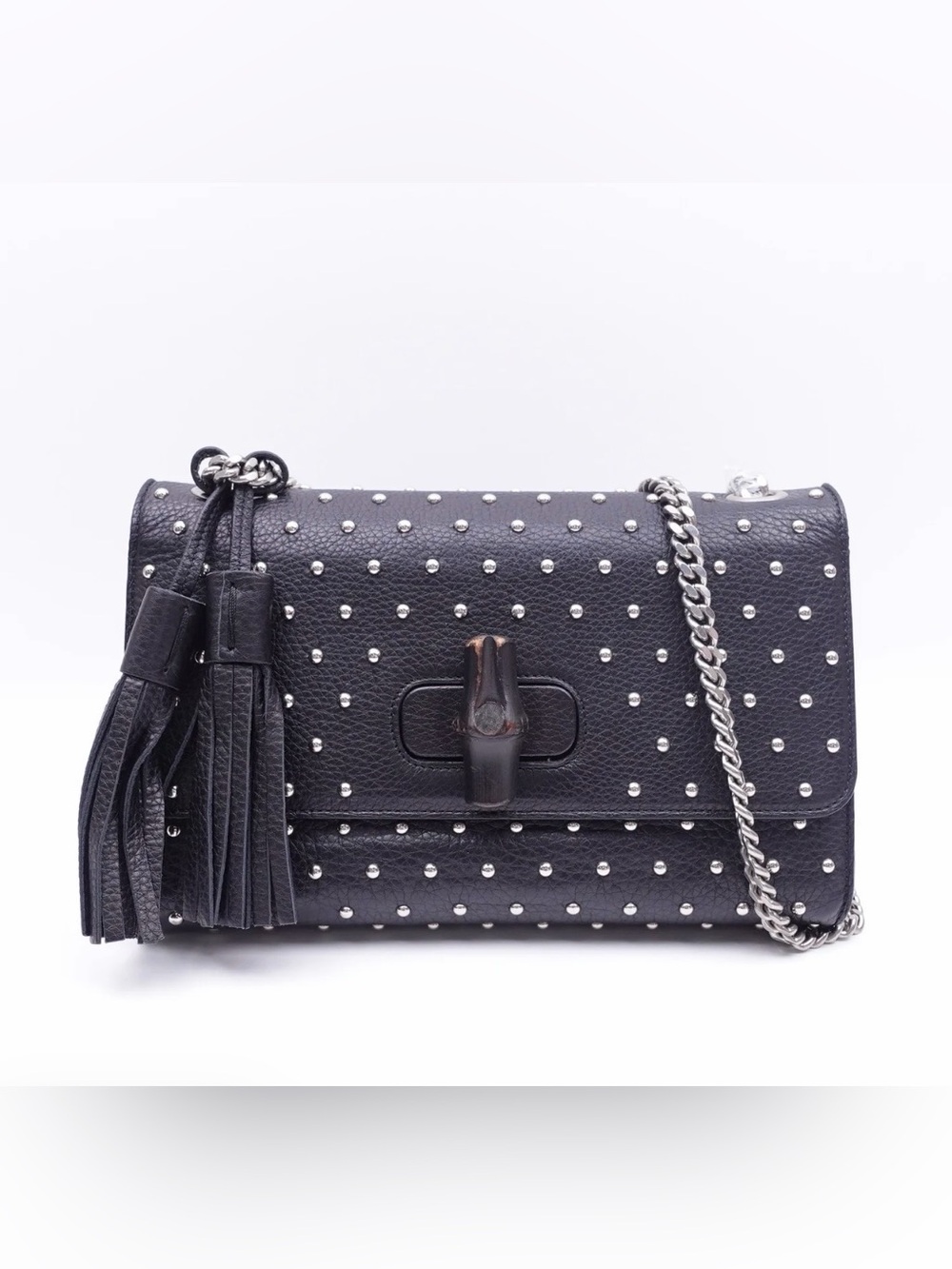 GUCCI Miss Bamboo Black Studded Leather Crossbody Bag Tassel Medium PREOWNED